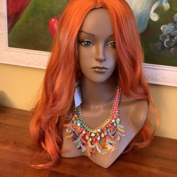 Reddish orange, long wavy, synthetic wig - Picture 2 of 12